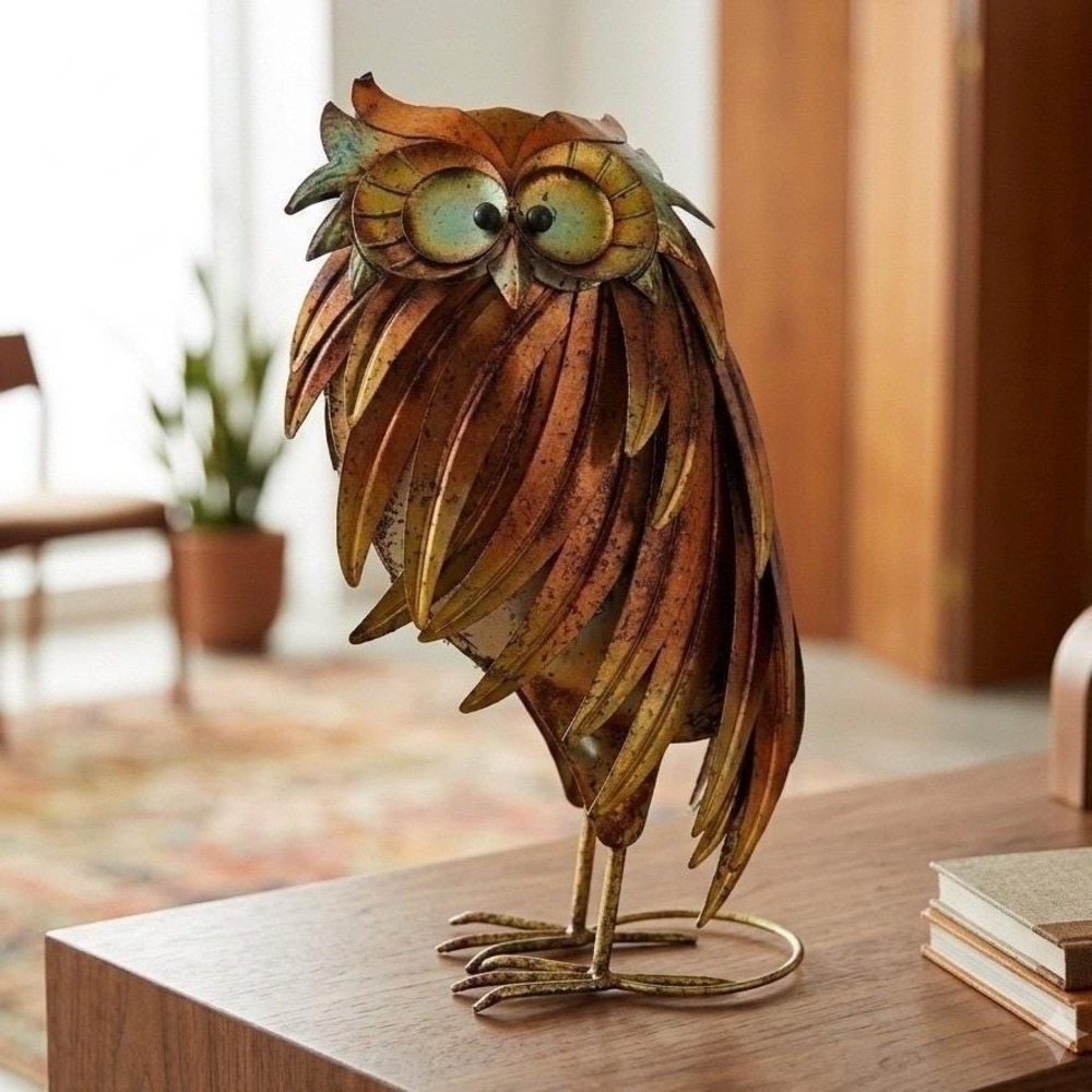 Vintage MCM Handcrafted Metal Owl Sculpture Brutalist Folk Art Rustic 14" tall